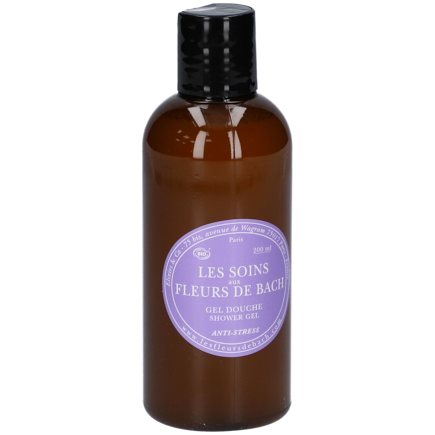 Flacon marron avec bouchon noir. Étiquette avec texte: Les Soins aux Fleurs de Bach. Gel Douche. Anti-Stress.