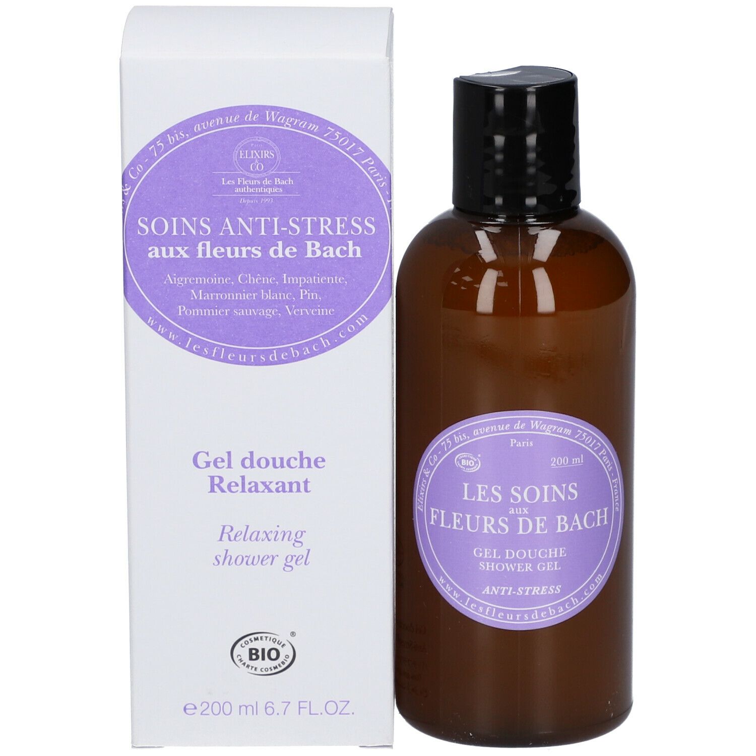 Flacon marron avec bouchon noir et carton. Inscription: Les Soins aux Fleurs de Bach. Gel Douche. Relaxant.