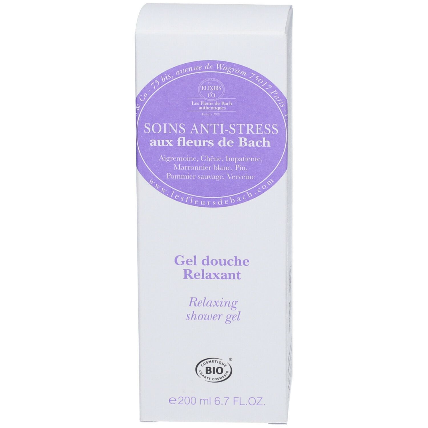 Boîte blanche avec inscription: Les Soins aux Fleurs de Bach. Gel Douche. Relaxant. Avec label bio.