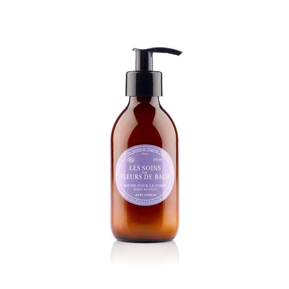 Bruine fles met zwarte pomp en paars etiket. Tekst: Les Soins aux Fleurs de Bach, Baume pour le corps, Anti-Stress.