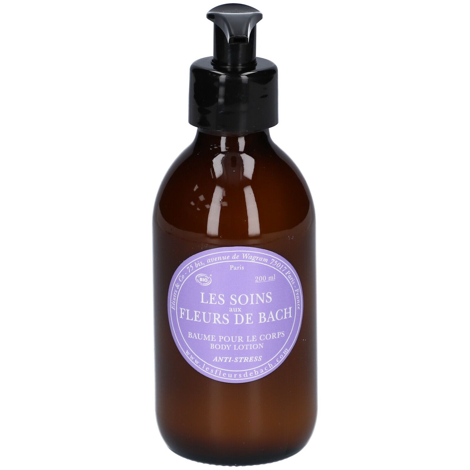 Bruine fles met zwarte pomp en paars etiket. Tekst: Les Soins aux Fleurs de Bach, Baume pour le corps, Anti-Stress.