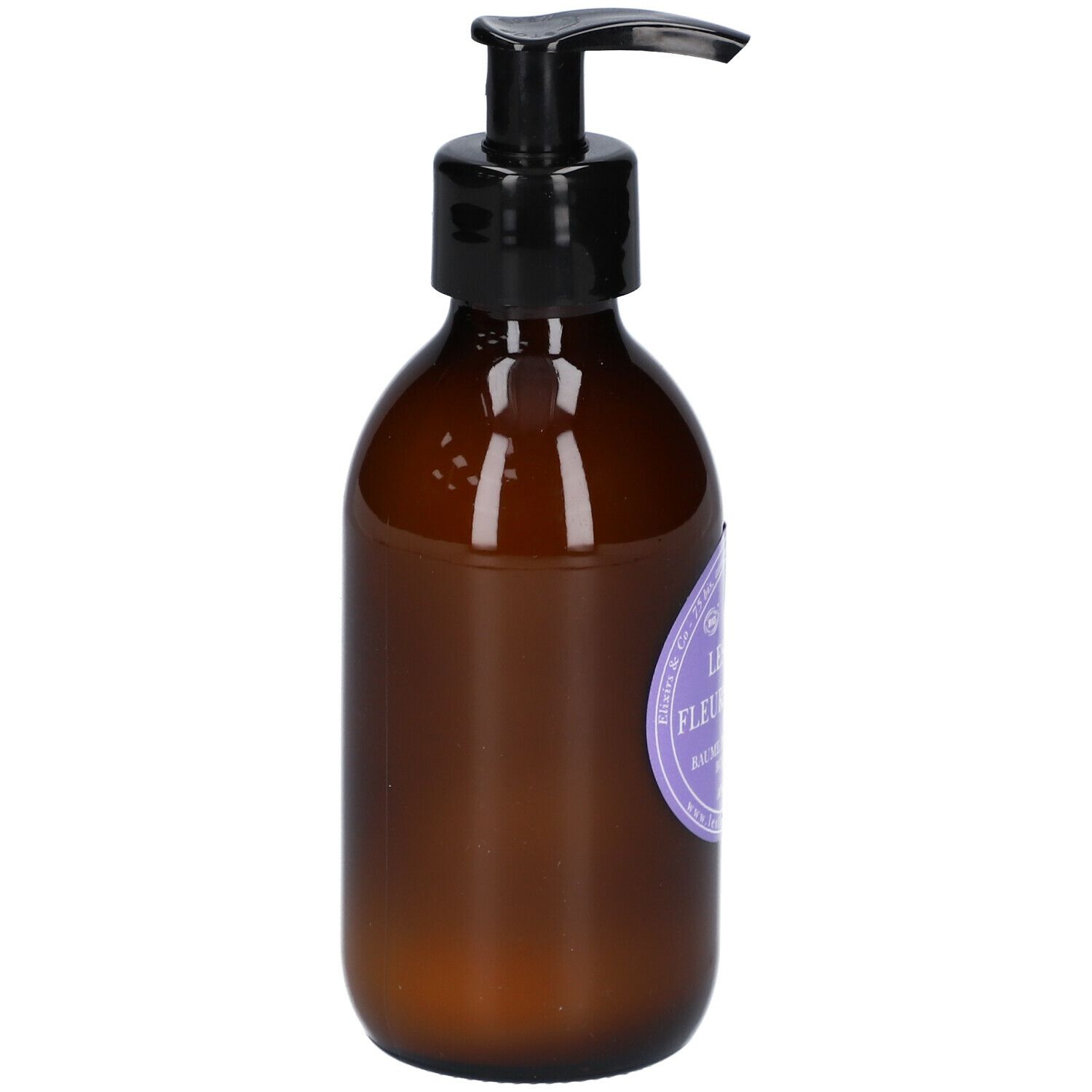 Bruine fles met zwarte pomp. Paars etiket met tekst: Les Soins aux Fleurs de Bach, Baume pour le corps, Anti-Stress.