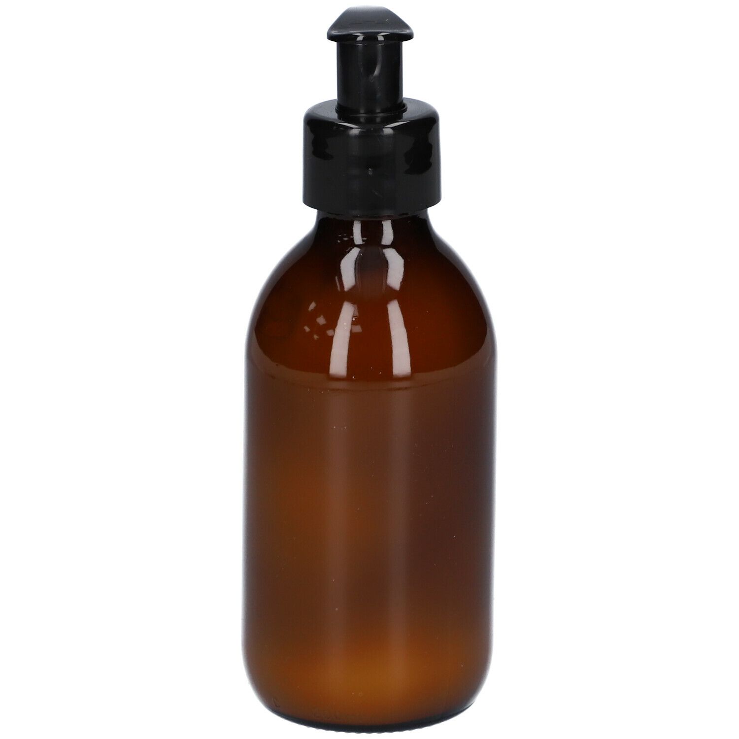 Bruine fles met zwarte pomp. Paars etiket met tekst: Les Soins aux Fleurs de Bach, Baume pour le corps, Anti-Stress.