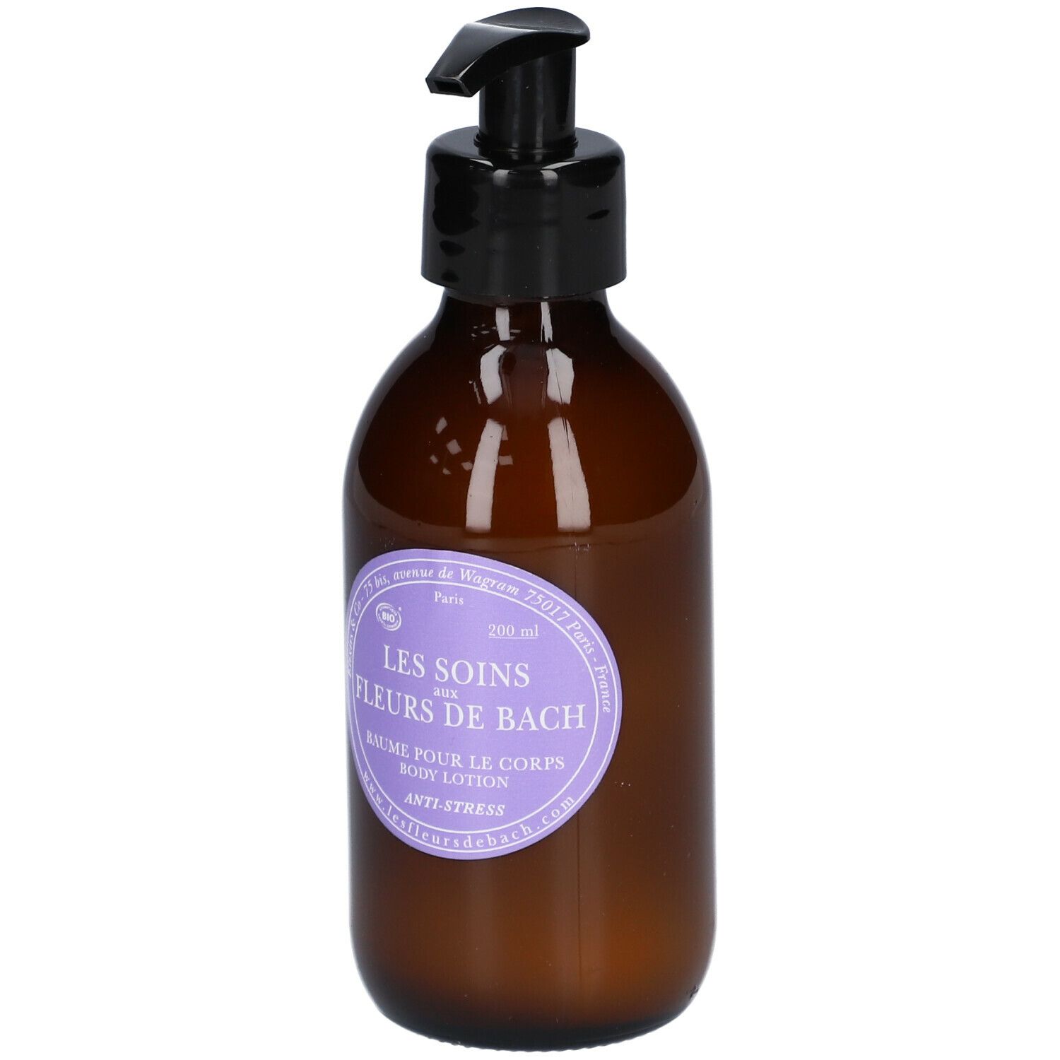 Bruine fles met zwarte pomp. Paars etiket met tekst: Les Soins aux Fleurs de Bach, Baume pour le corps, Anti-Stress.