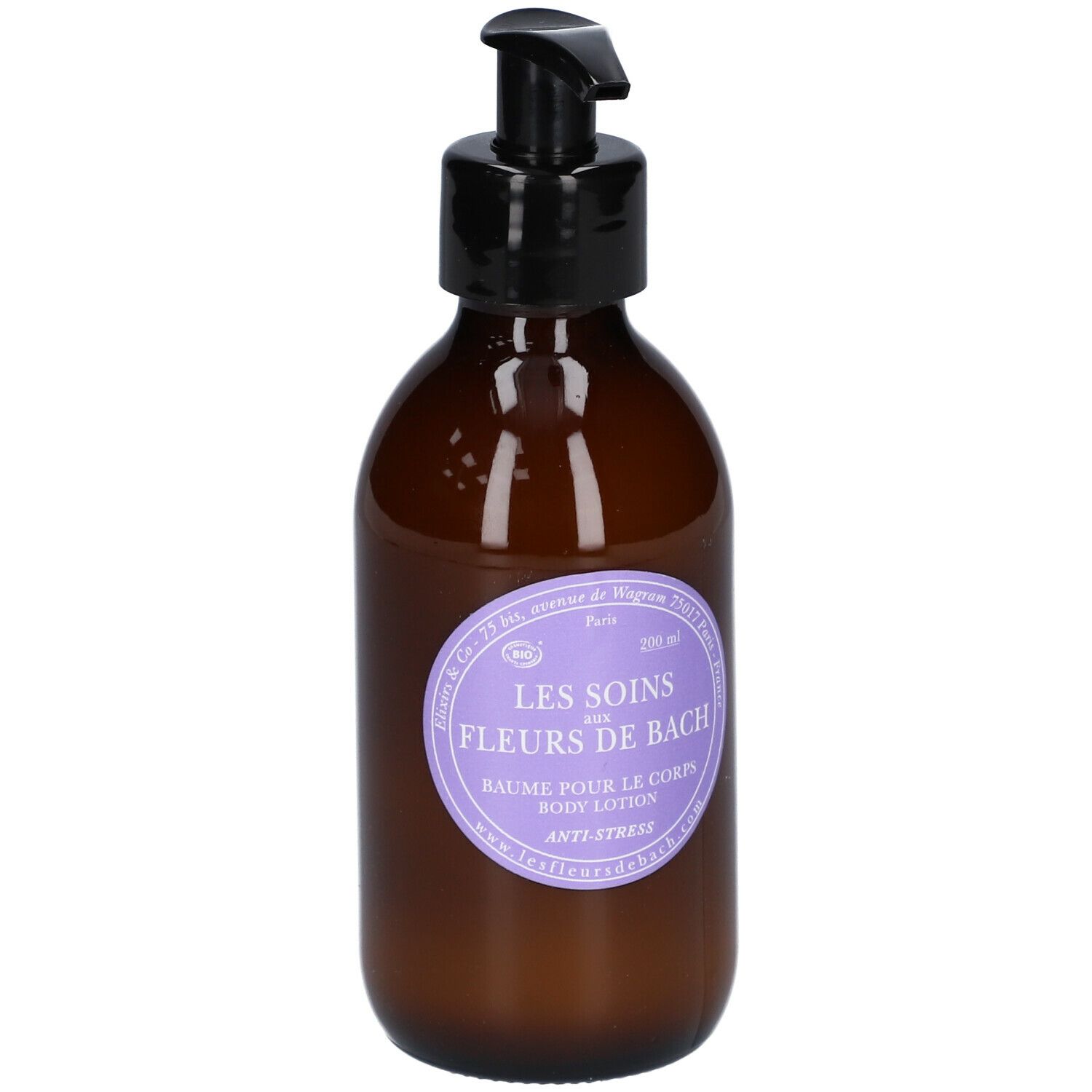 Bruine fles met zwarte pomp. Paars etiket met tekst: Les Soins aux Fleurs de Bach, Baume pour le corps, Anti-Stress.