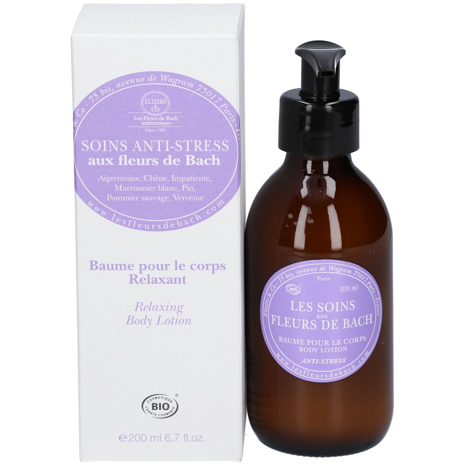 Bruine fles met zwarte pomp en witte verpakking. Tekst: Les Soins aux Fleurs de Bach, Baume pour le corps Relaxant.