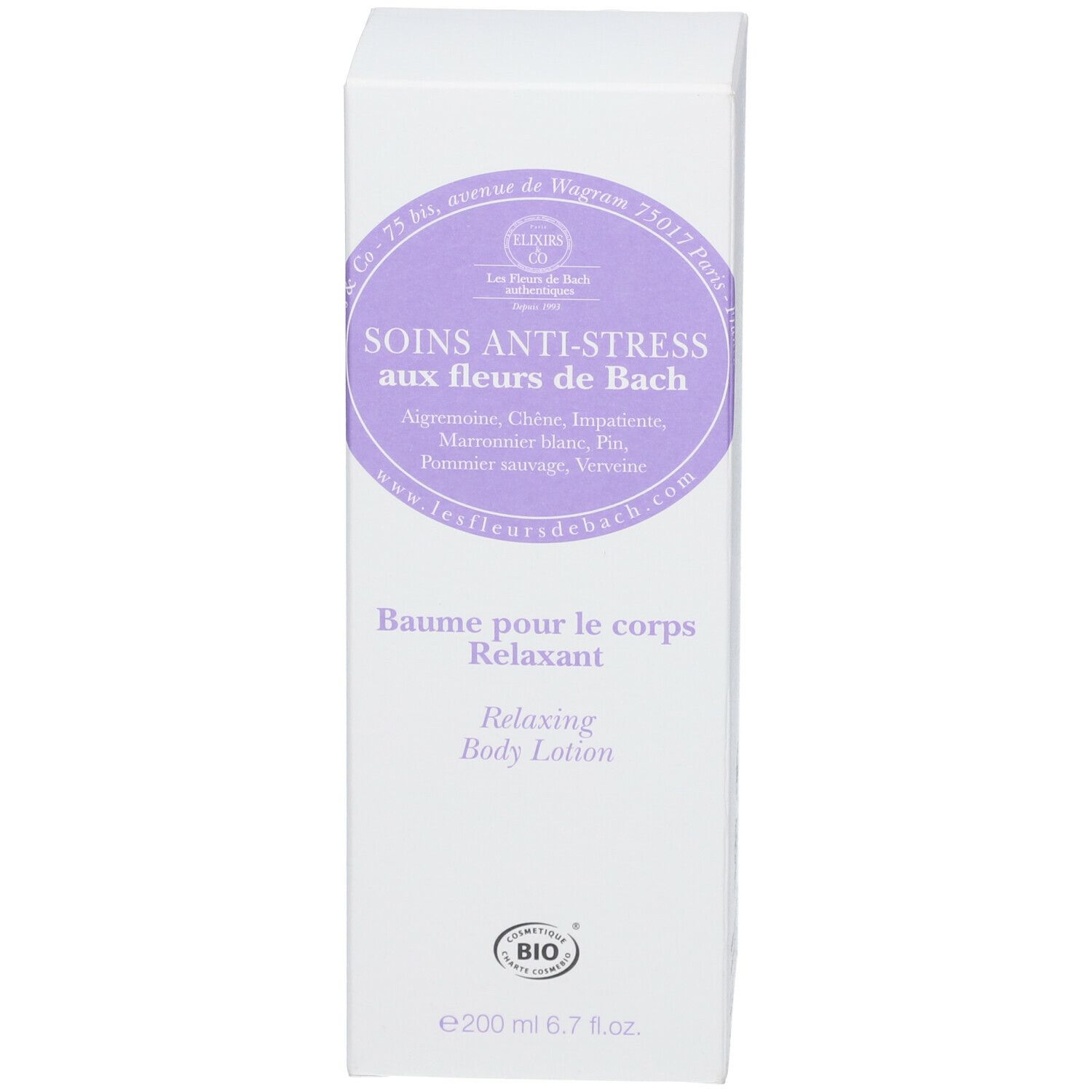 Witte verpakking met tekst: Soins Anti-Stress aux fleurs de Bach, Baume pour le corps Relaxant. Bio-certificering.