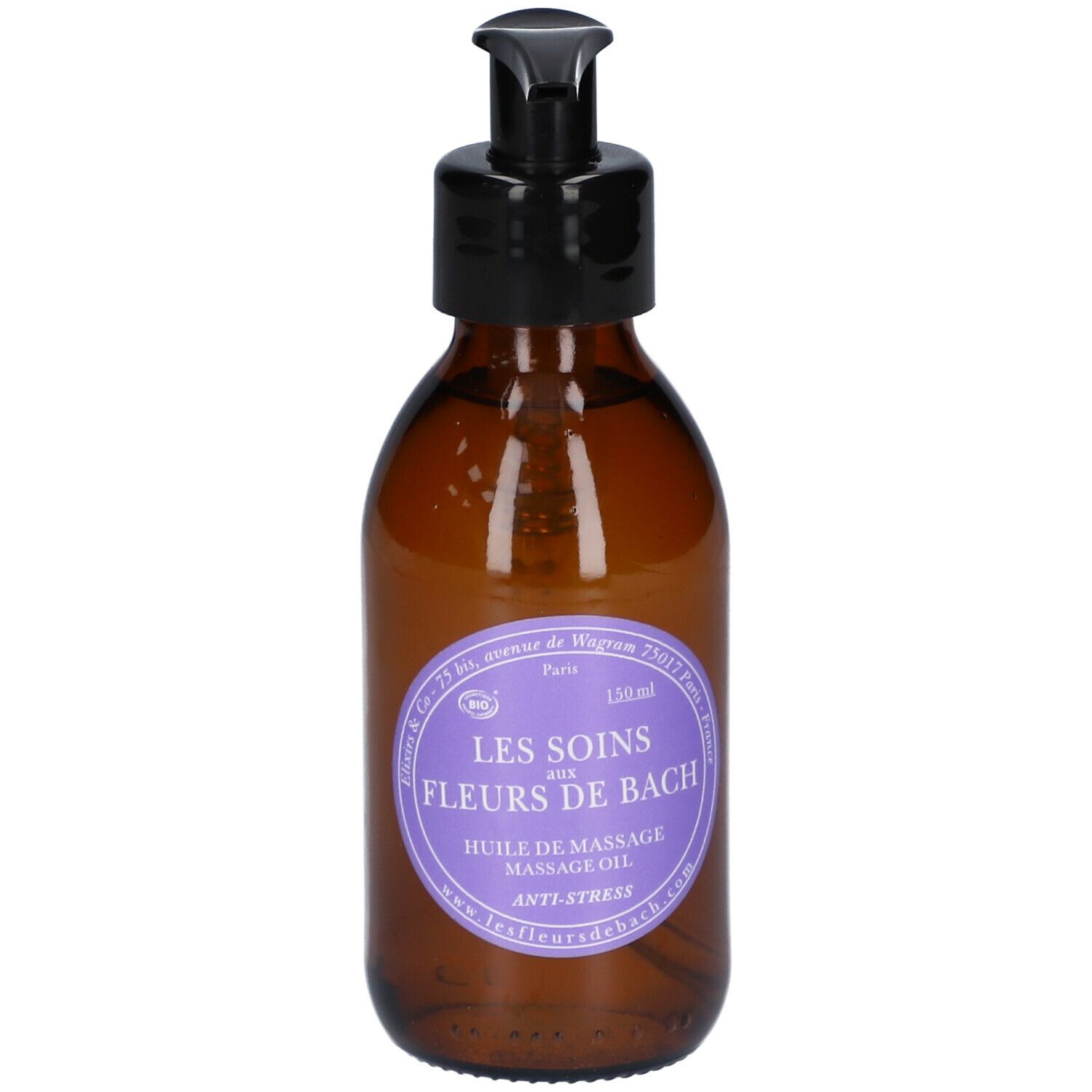 Bruine glazen fles met zwarte pomp. Paars etiket met tekst. 150ml.