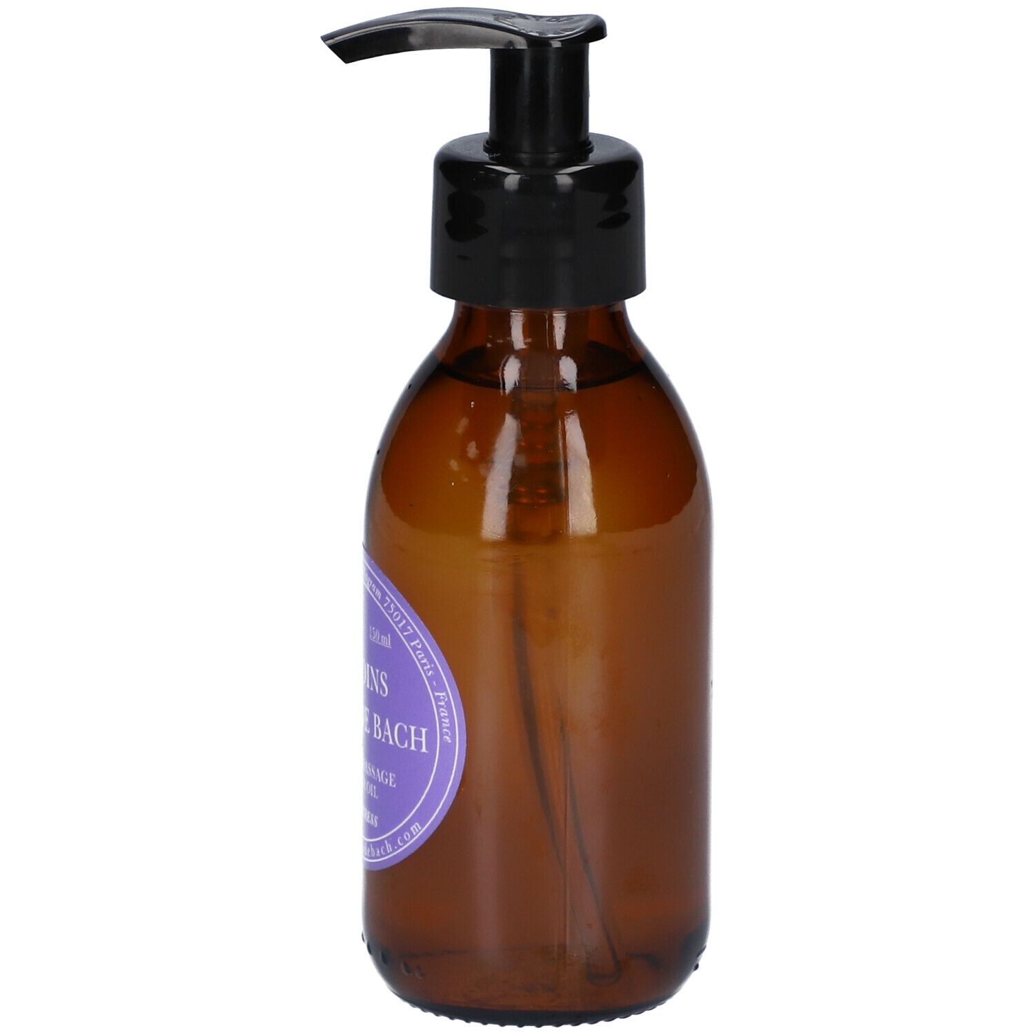 Bruine glazen fles met zwarte pomp. Paars etiket met tekst. 150ml.