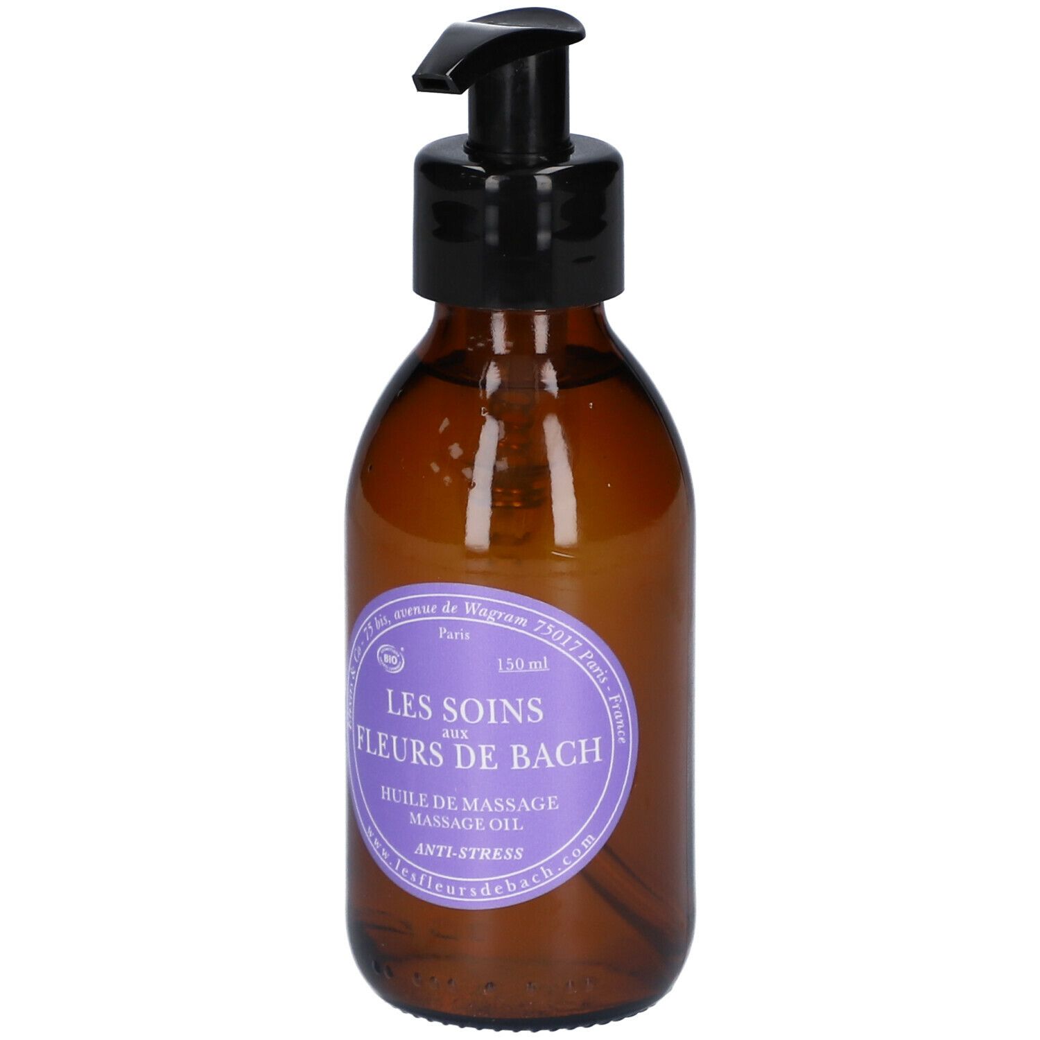 Bruine glazen fles met zwarte pomp. Paars etiket met tekst. 150ml.