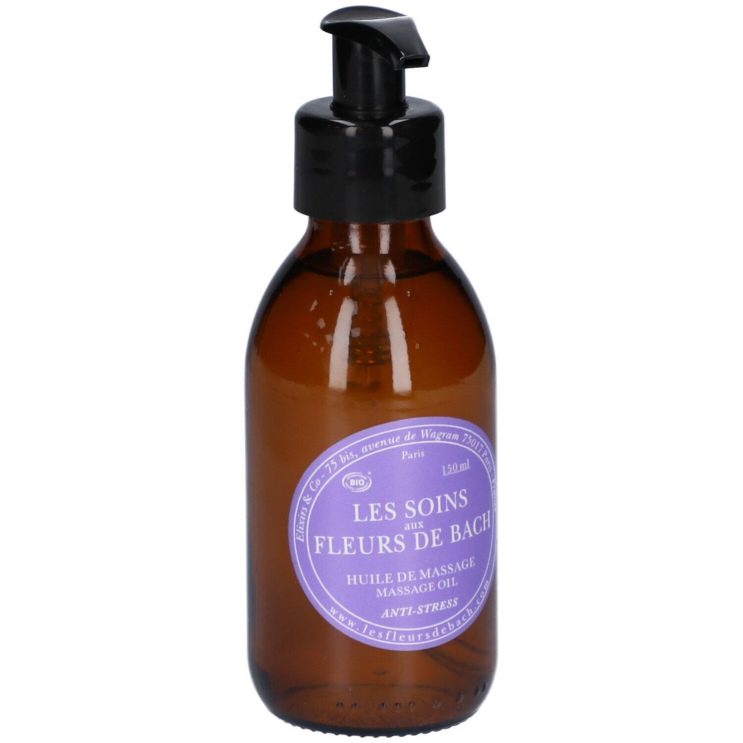Bruine glazen fles met zwarte pomp. Paars etiket met tekst. 150ml.