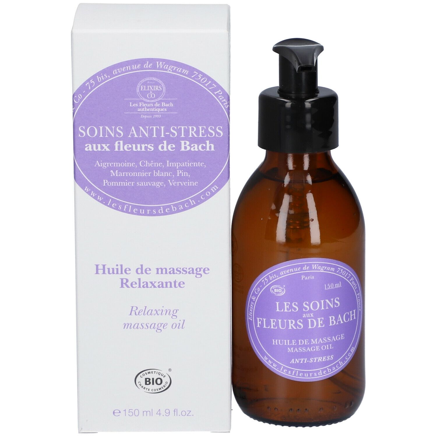Bruine glazen fles met zwarte pomp en doos. Paars etiket met tekst. 150ml.