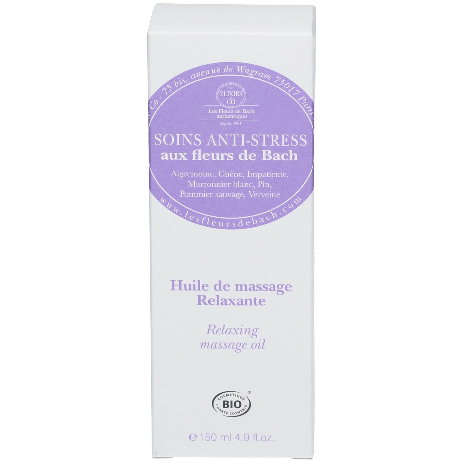 Doos met tekst en fles met pomp. Paars etiket met tekst. 150ml.