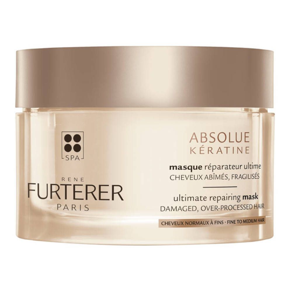 Pot de masque capillaire Rene Furterer Absolue Kératine. Inscription: Masque réparateur ultime, cheveux abîmés, fragilisés.