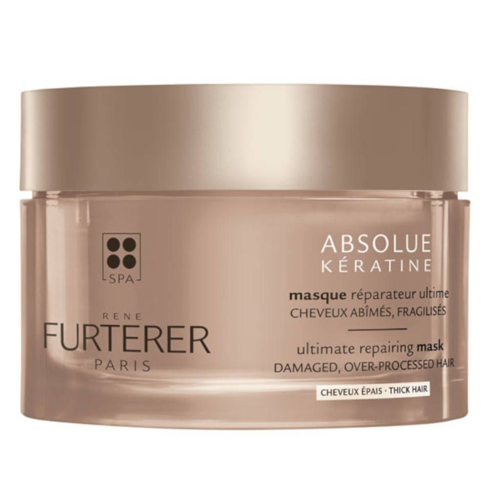 Pot rond avec couvercle doré. Inscription: Absolue Kératine, masque réparateur ultime. Marque: René Furterer.