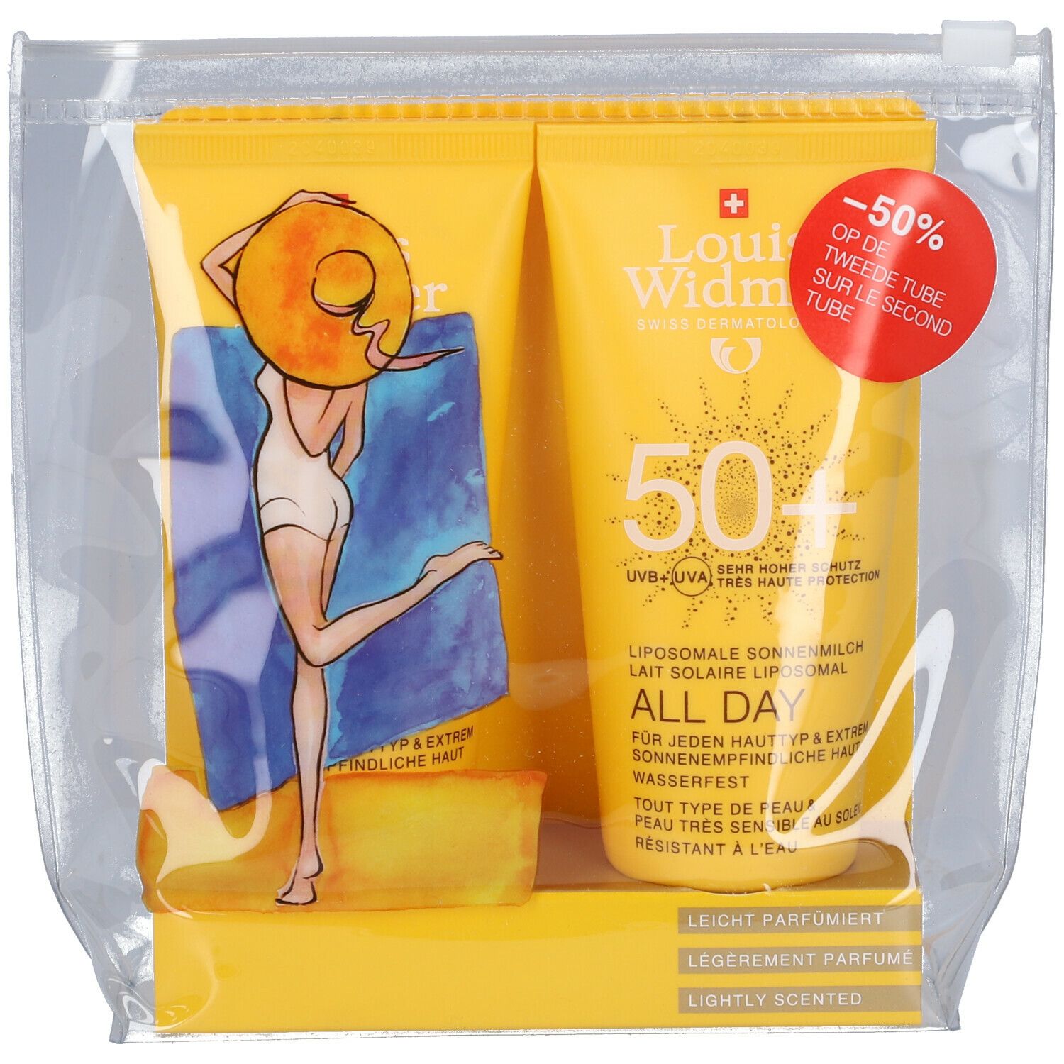Zwei gelbe Tuben Louis Widmer Sonnenschutz in einer transparenten Tasche. Aufdrucke: SPF 50+, All Day, leicht parfümiert.