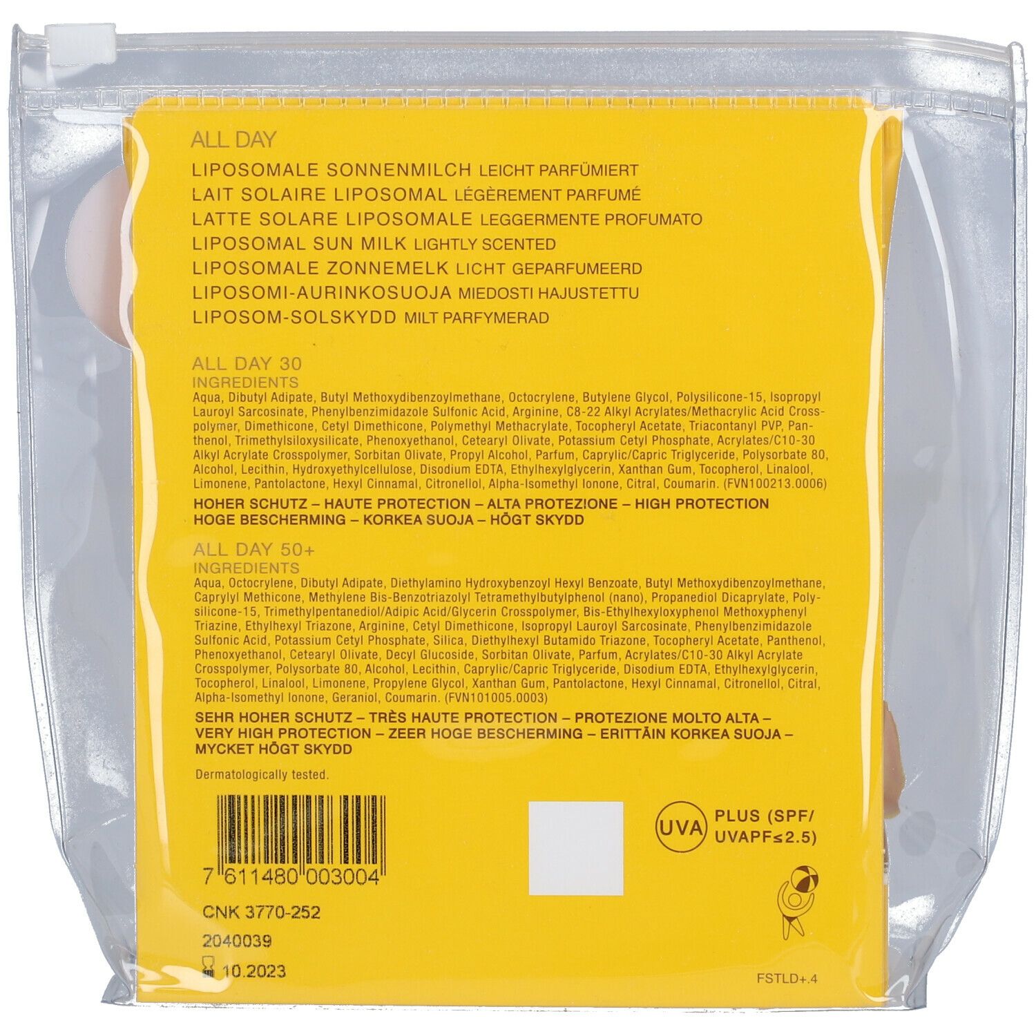 Rückseite der Verpackung mit Inhaltsstoffen und Produktinformationen. Text in Deutsch, Französisch, Italienisch, Niederländisch, Finnisch.
