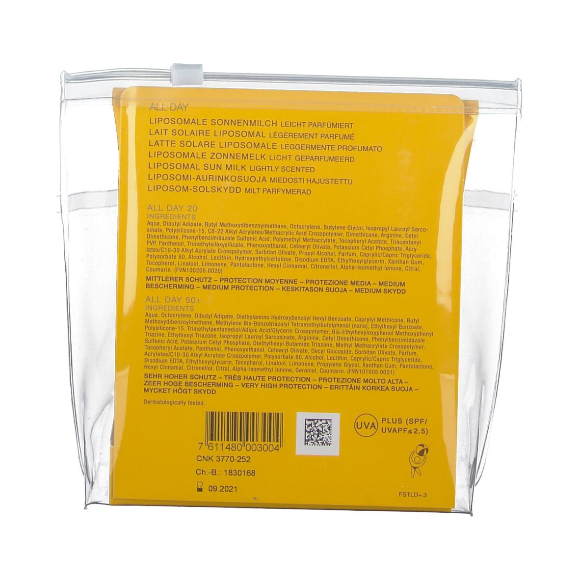 Rückseite der Verpackung mit Inhaltsstoffen und Produktinformationen. Text in Deutsch, Französisch, Italienisch, Niederländisch, Finnisch.