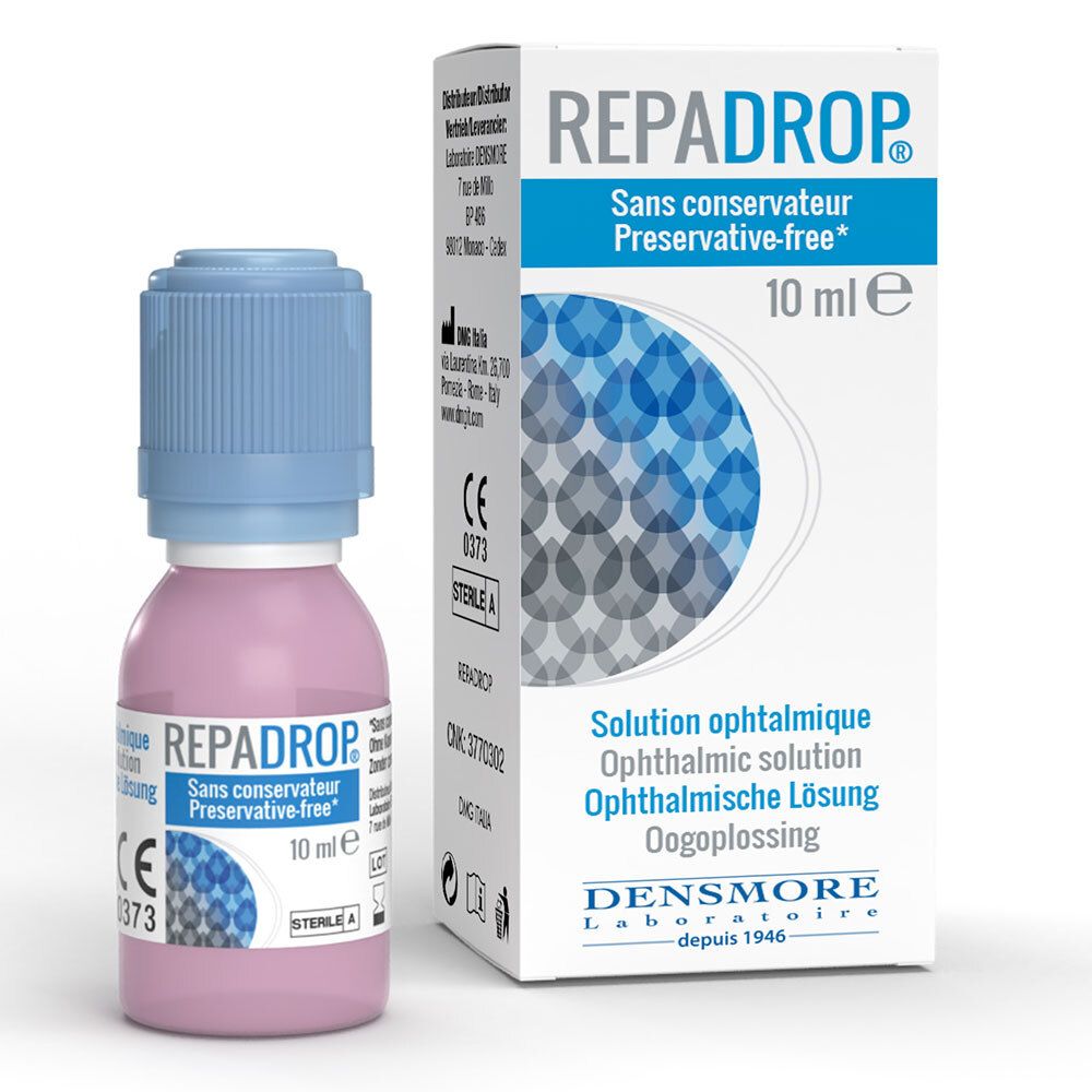Flacon et boîte de gouttes ophtalmiques. Flacon rose, bouchon bleu. Boîte blanche avec éléments bleus. Texte: REPADROP, 10 ml.