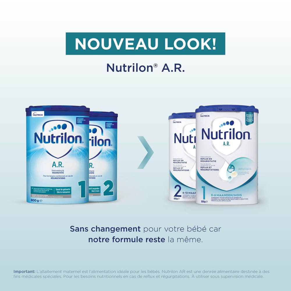 Deux boîtes de lait Nutrilon A.R., design ancien à gauche, nouveau design à droite.
