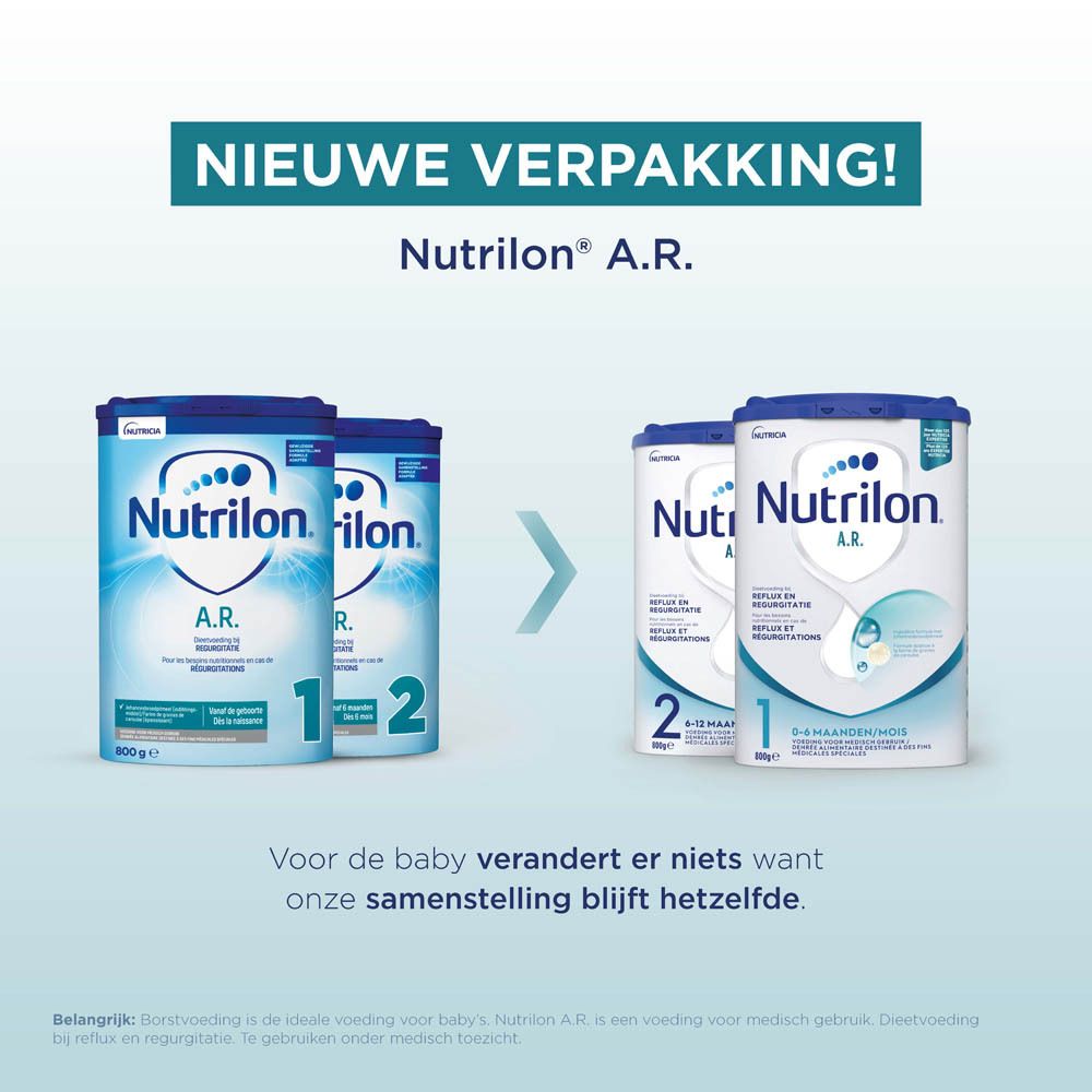Twee oude Nutrilion A.R. blikken links, twee nieuwe rechts. Nieuwe verpakking.