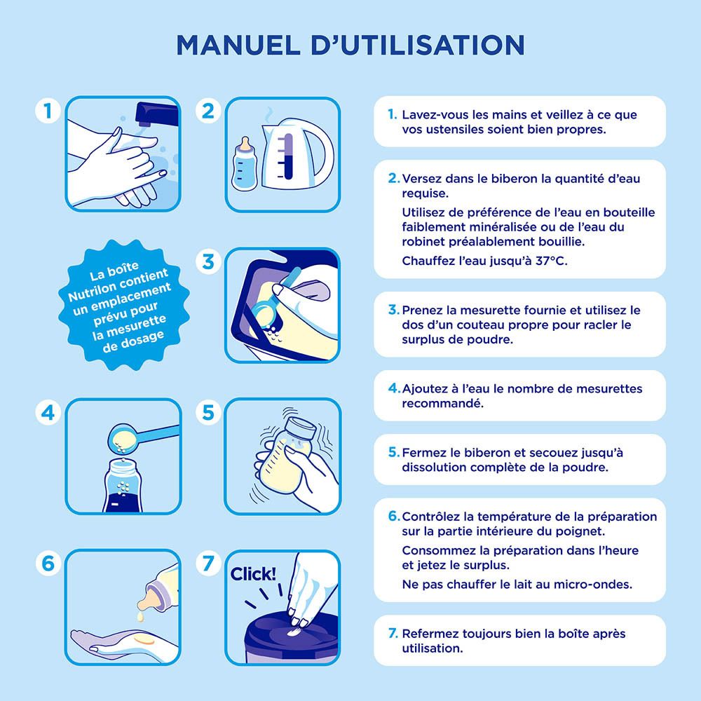 Instructions étape par étape pour préparer du lait infantile, avec sept étapes illustrées.