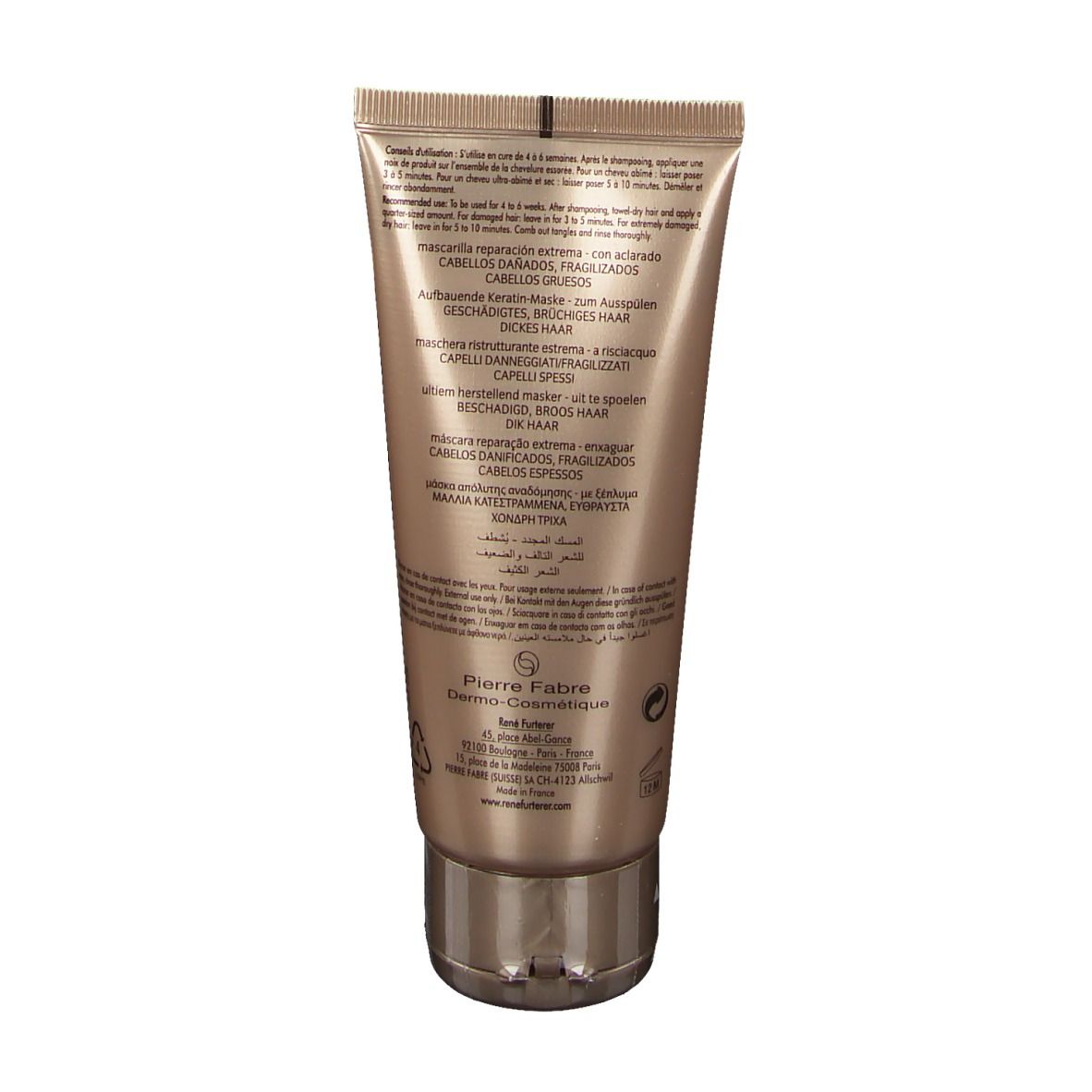 Dos du tube. Texte multilingue. Fabricant: Pierre Fabre. Nom du produit: ABSOLUE KERATINE. Pour cheveux abîmés.