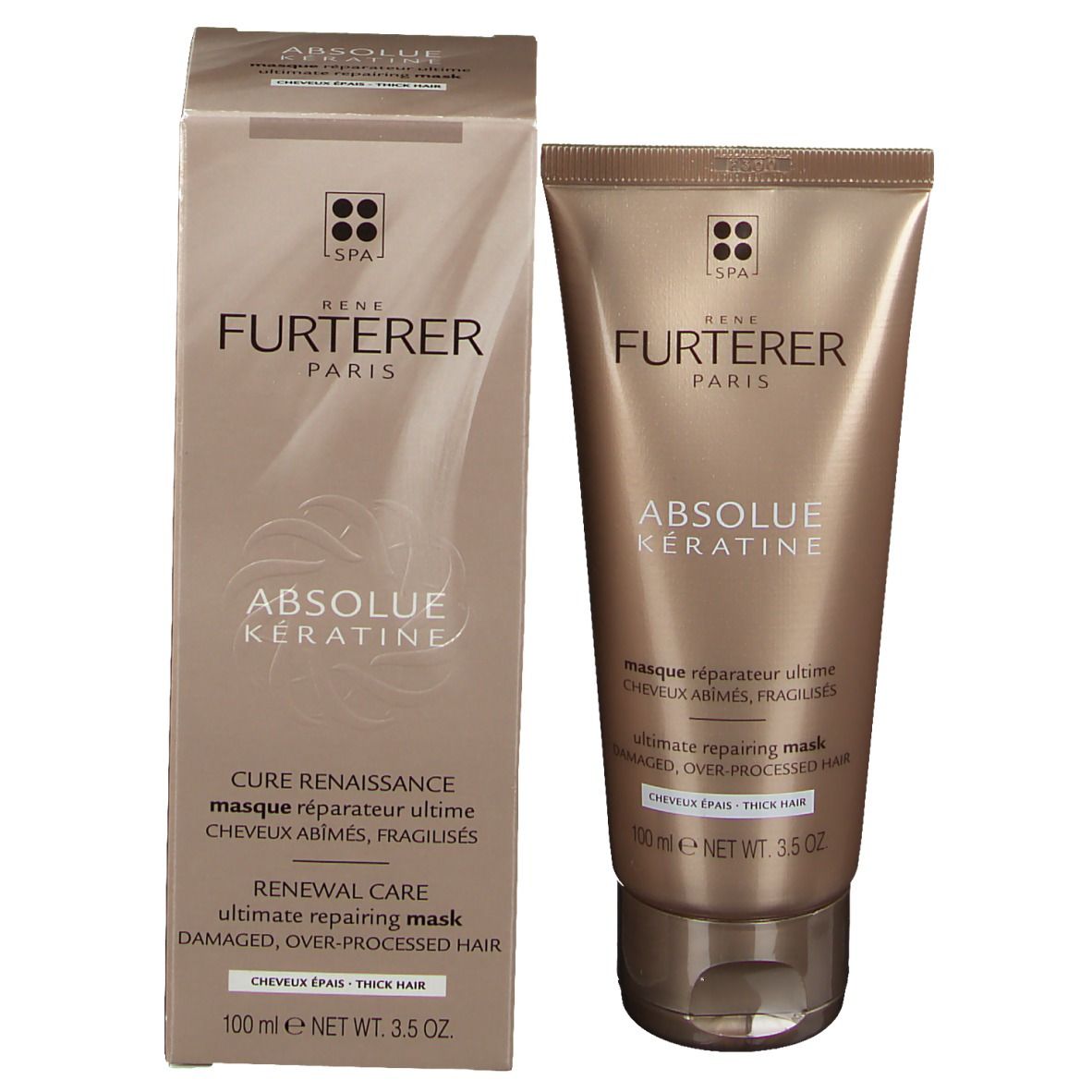 Emballage produit avec tube. Inscription: RENE FURTERER, ABSOLUE KERATINE. Texte: Cure Renaissance. Pour cheveux épais.