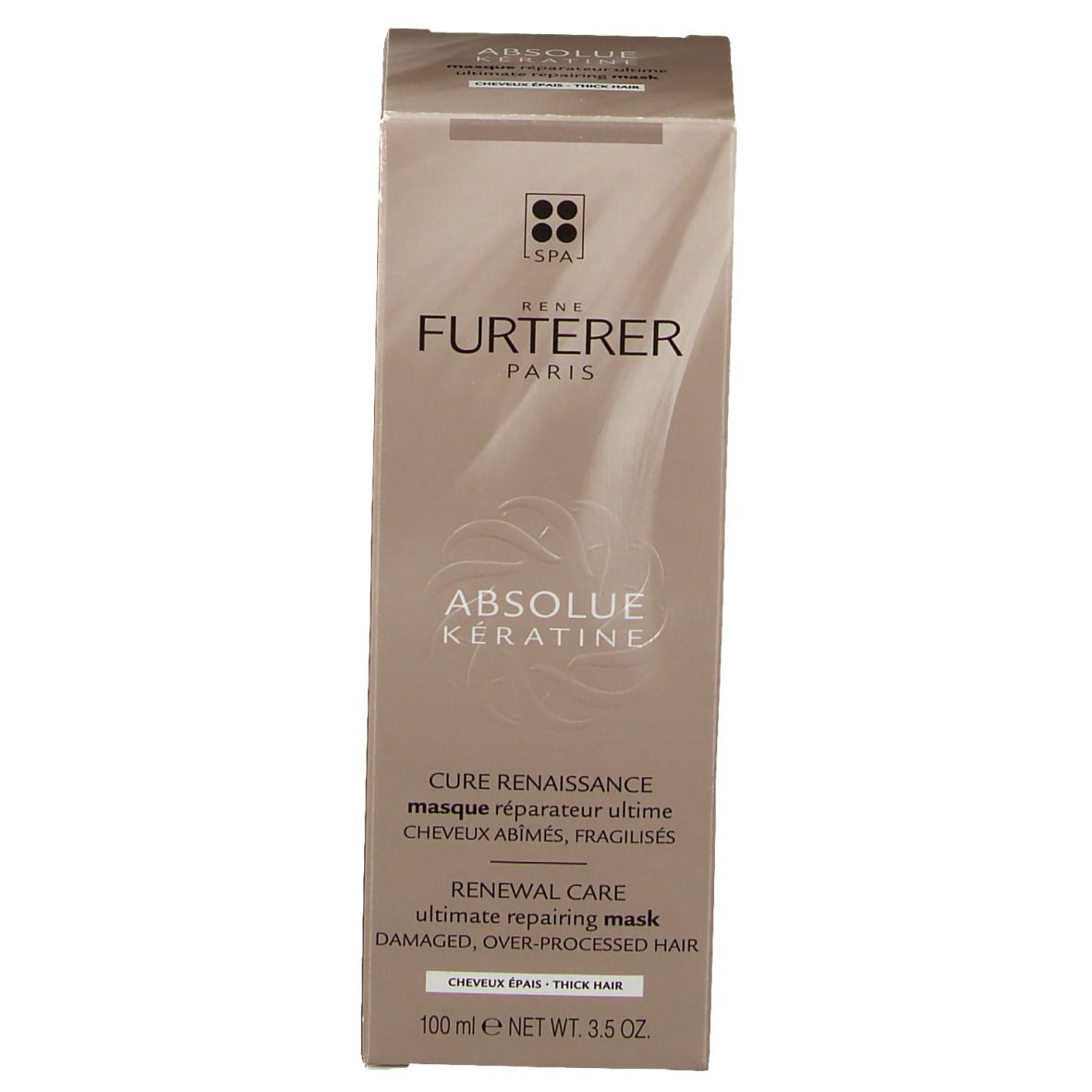 Emballage produit. Inscription: RENE FURTERER, ABSOLUE KERATINE. Texte: Cure Renaissance. Pour cheveux épais.