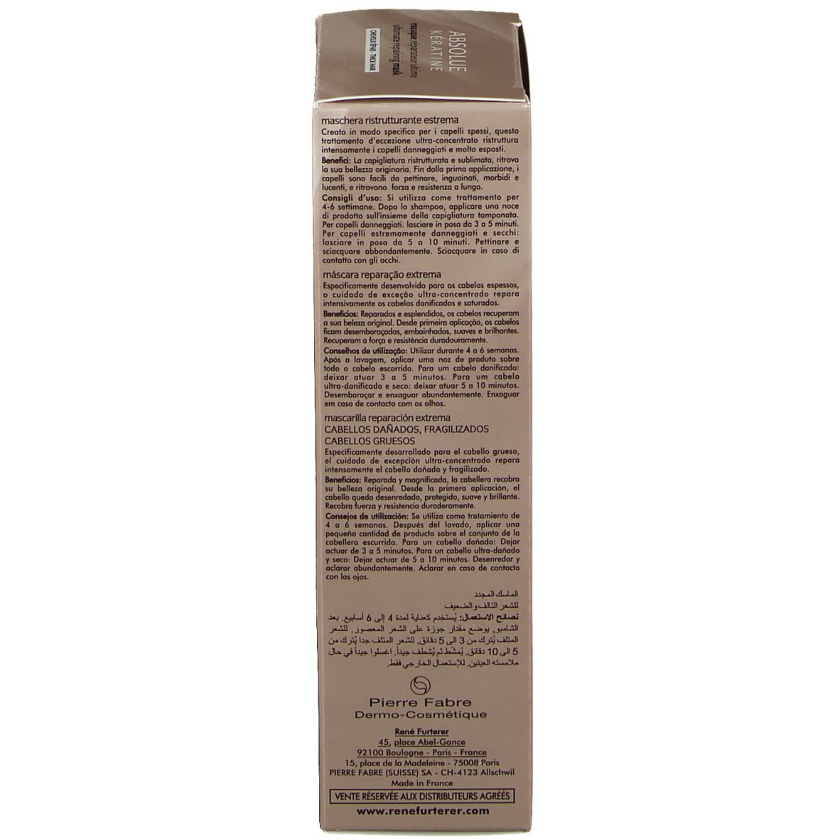 Dos de l'emballage. Texte multilingue. Fabricant: Pierre Fabre. Nom du produit: ABSOLUE KERATINE. Pour cheveux abîmés.