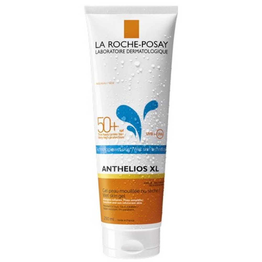 Witte en oranje tube. Opschrift: LA ROCHE-POSAY, ANTHELIOS XL, 50+ SPF, Wet Skin Gel. Blauwe waterillustratie.