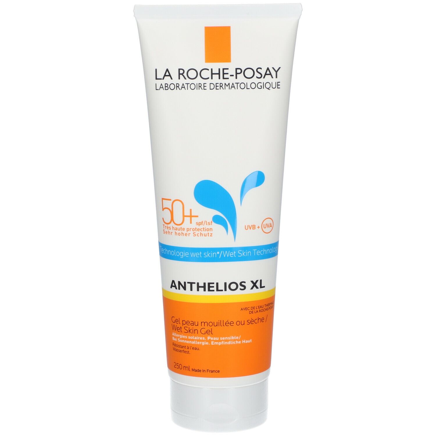 Witte en oranje tube. Opschrift: LA ROCHE-POSAY, ANTHELIOS XL, 50+ SPF, Wet Skin Gel. Blauwe waterillustratie.
