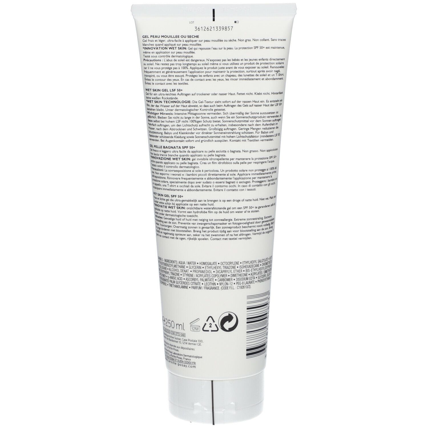 Achterkant van de tube. Meertalige tekst. Opschrift: 250ml. Recyclingsymbolen.