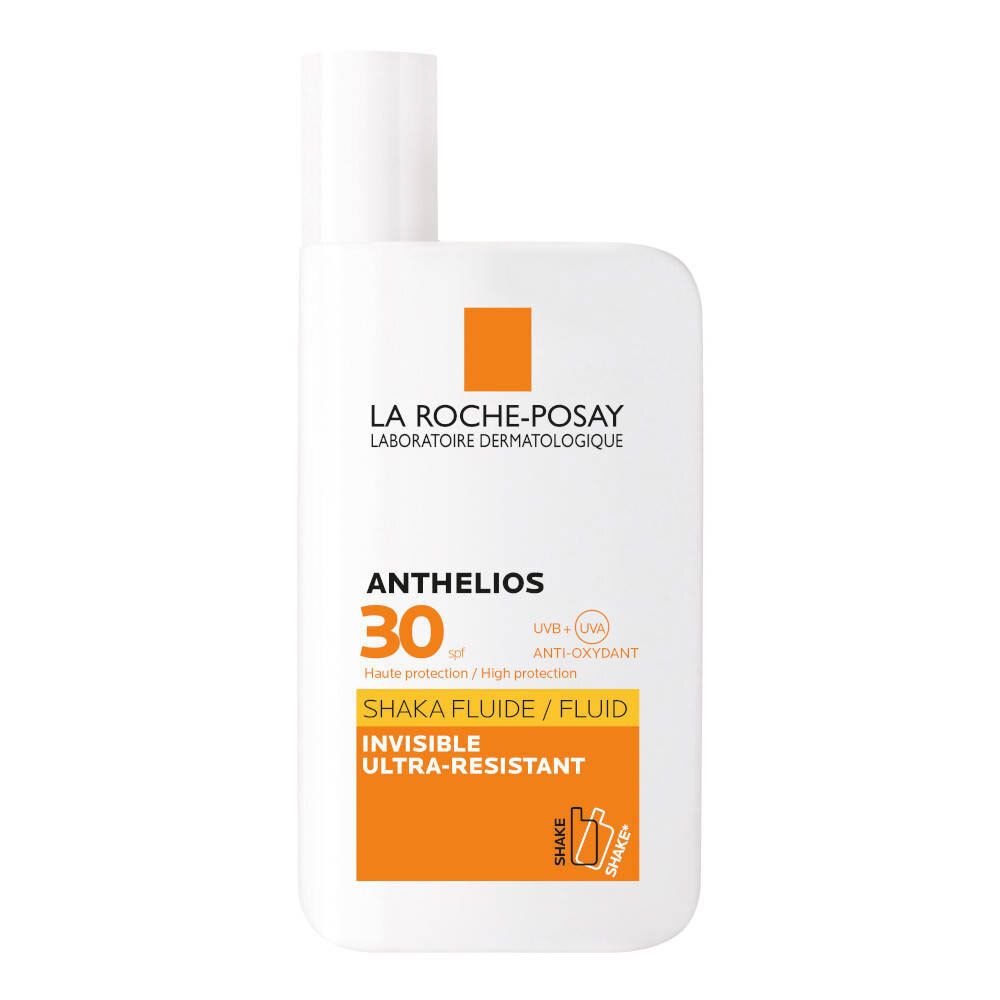 LA ROCHE-POSAY ANTHELIOS 30 Shaka Fluid. Witte fles met oranje details. Zonnebrandcrème.