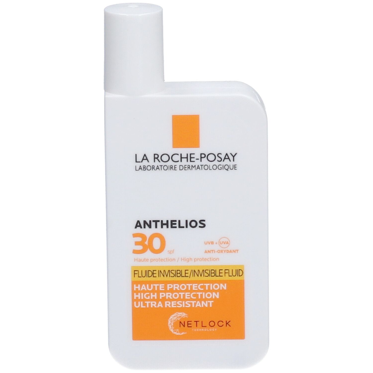 LA ROCHE-POSAY ANTHELIOS 30 Shaka Fluid. Witte fles met oranje details. Zonnebrandcrème.
