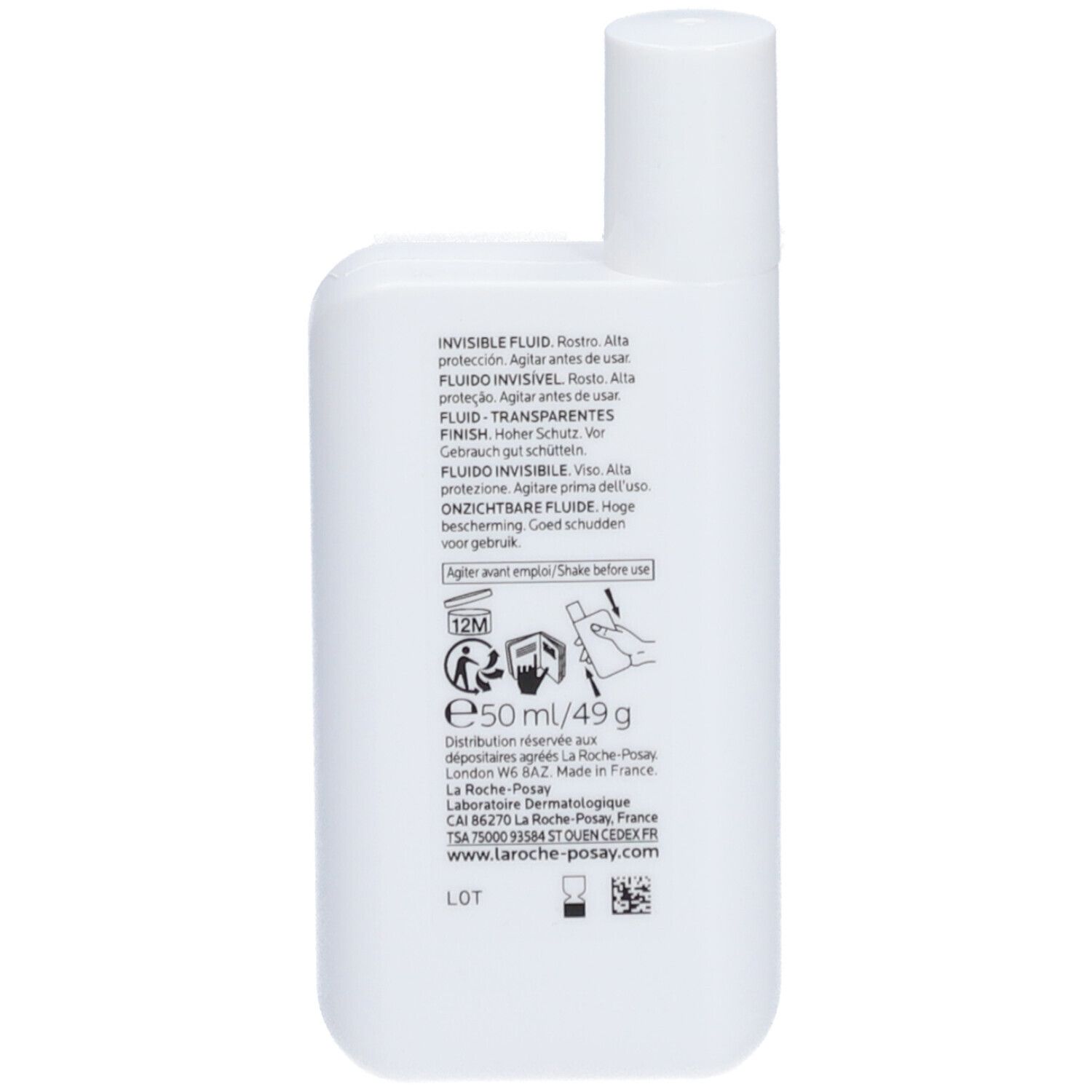 Achterkant van de LA ROCHE-POSAY fles. Meertalige tekst. 50ml/49g. Gemaakt in Frankrijk.