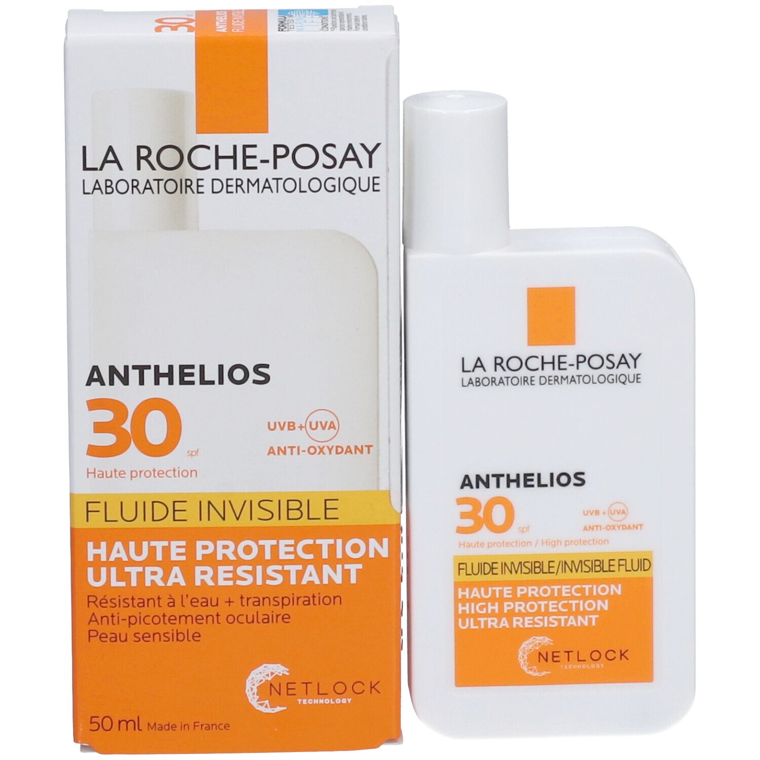 LA ROCHE-POSAY ANTHELIOS 30 Shaka Fluid en verpakking. Witte verpakking met oranje details.