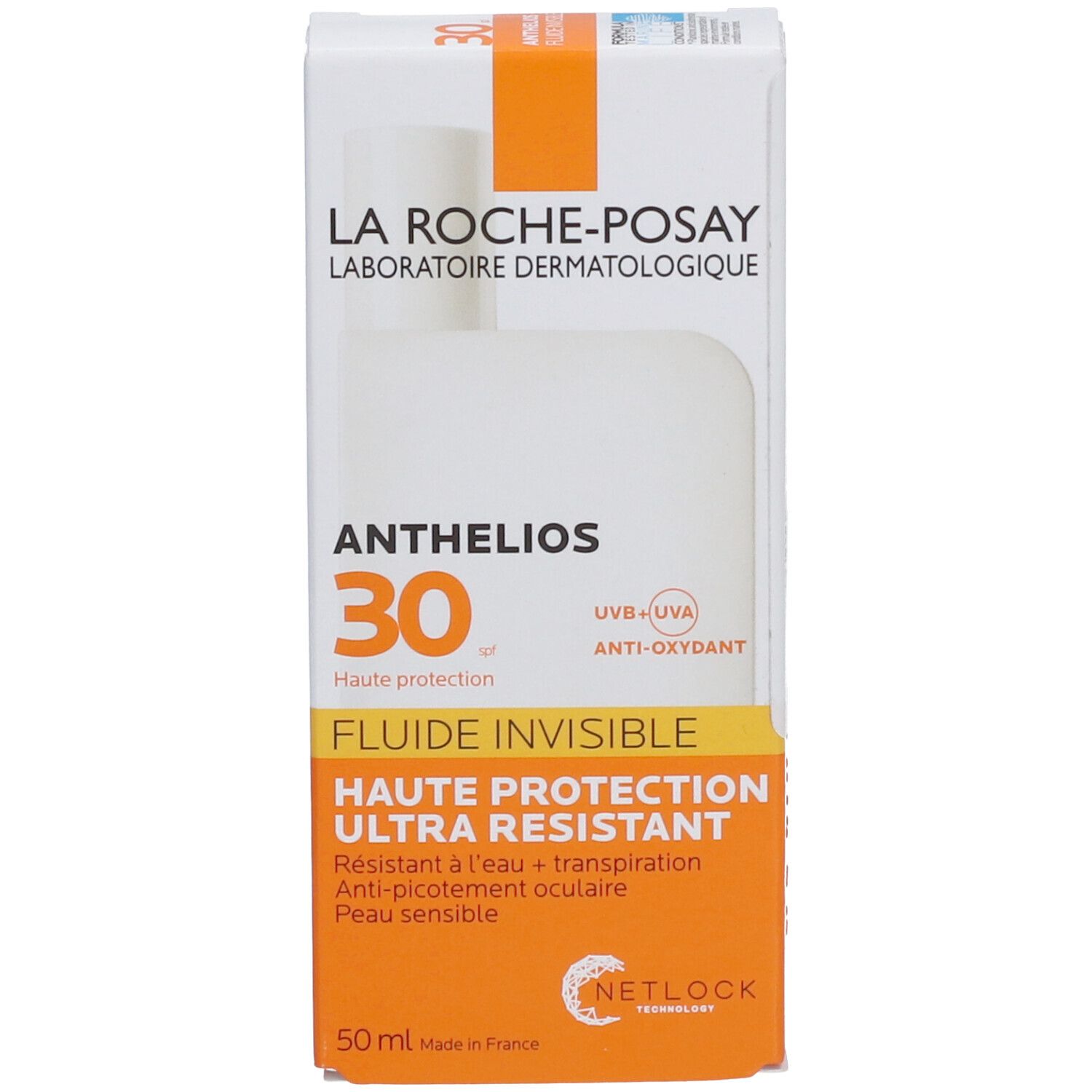 Verpakking LA ROCHE-POSAY ANTHELIOS 30 Shaka Fluid. Witte verpakking met oranje details.