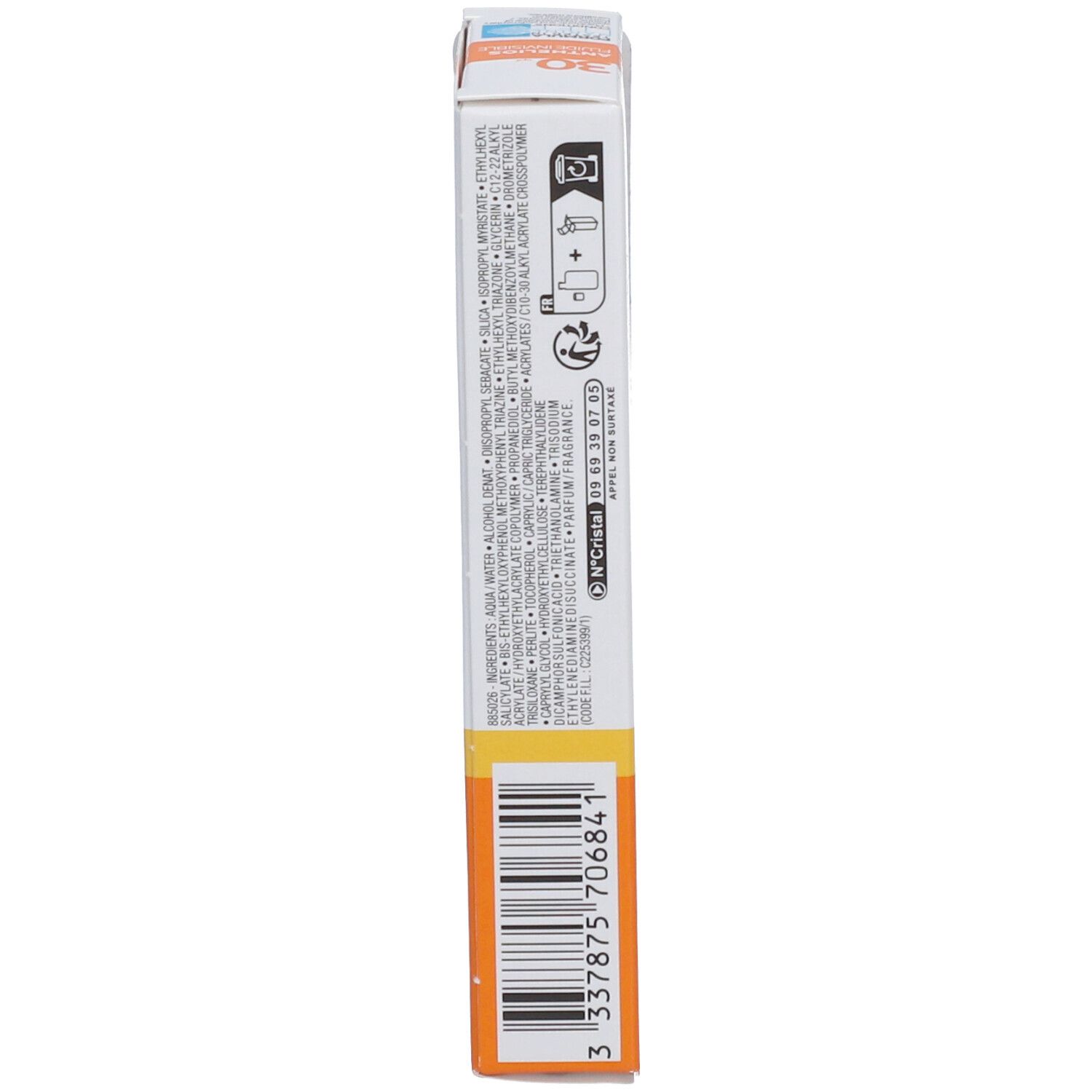 Achterkant van de LA ROCHE-POSAY verpakking. Tekst en barcode. Oranje details.