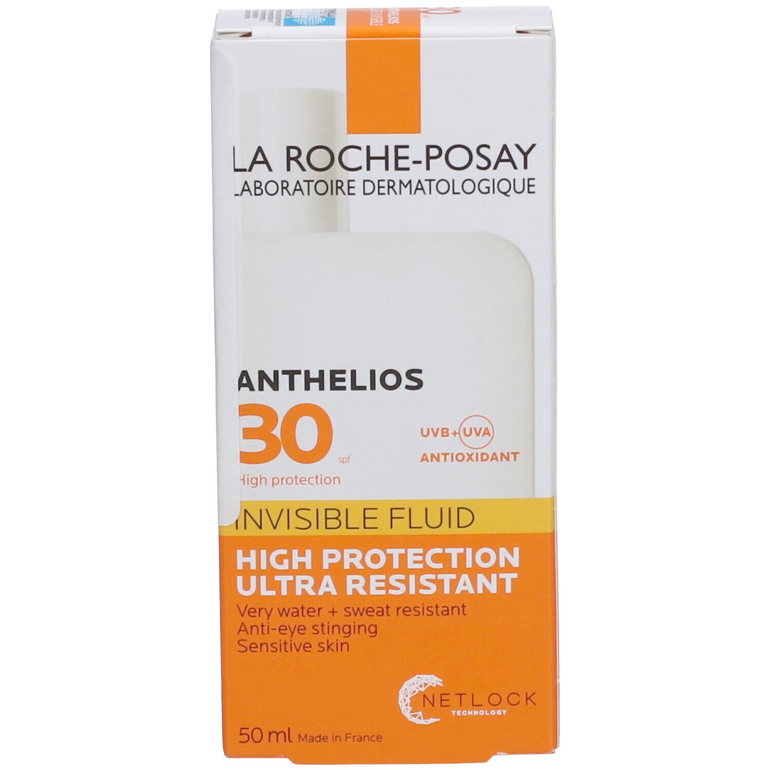 LA ROCHE-POSAY ANTHELIOS 30 verpakking. Witte verpakking met oranje details. Tekst.