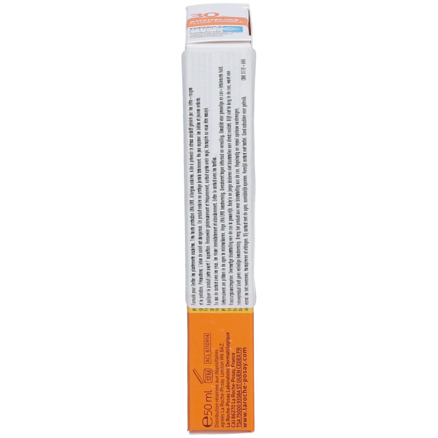 Achterkant van de LA ROCHE-POSAY verpakking. Tekst. Oranje details. 50ml.