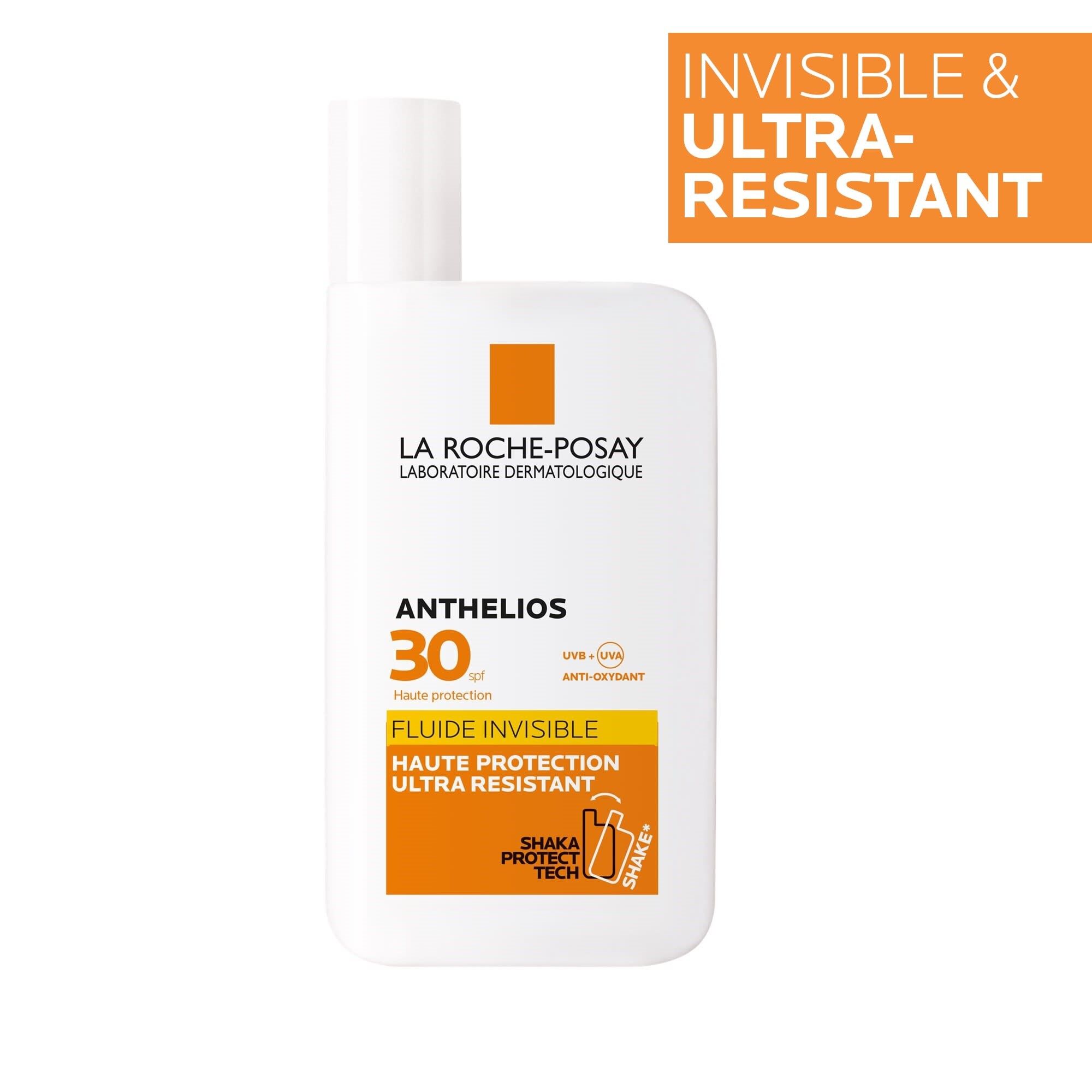 LA ROCHE-POSAY ANTHELIOS 30 Shaka Fluid. Witte fles met oranje details. Zonnebrandcrème.