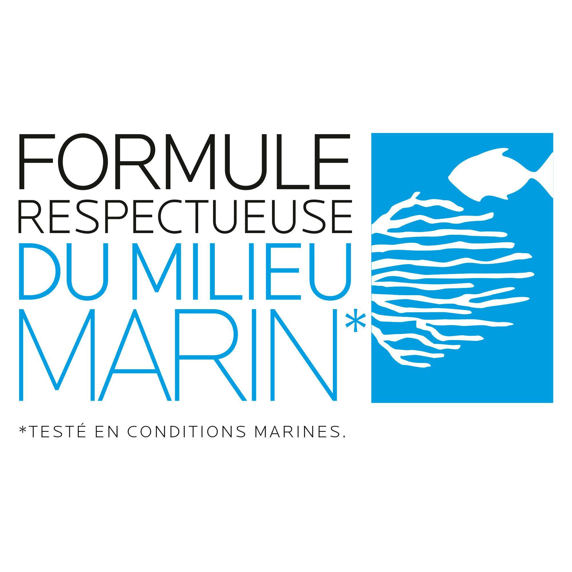 Logo: FORMULE RESPECTUEUSE DU MILIEU MARIN. Blauwe vierkant met visillustratie.