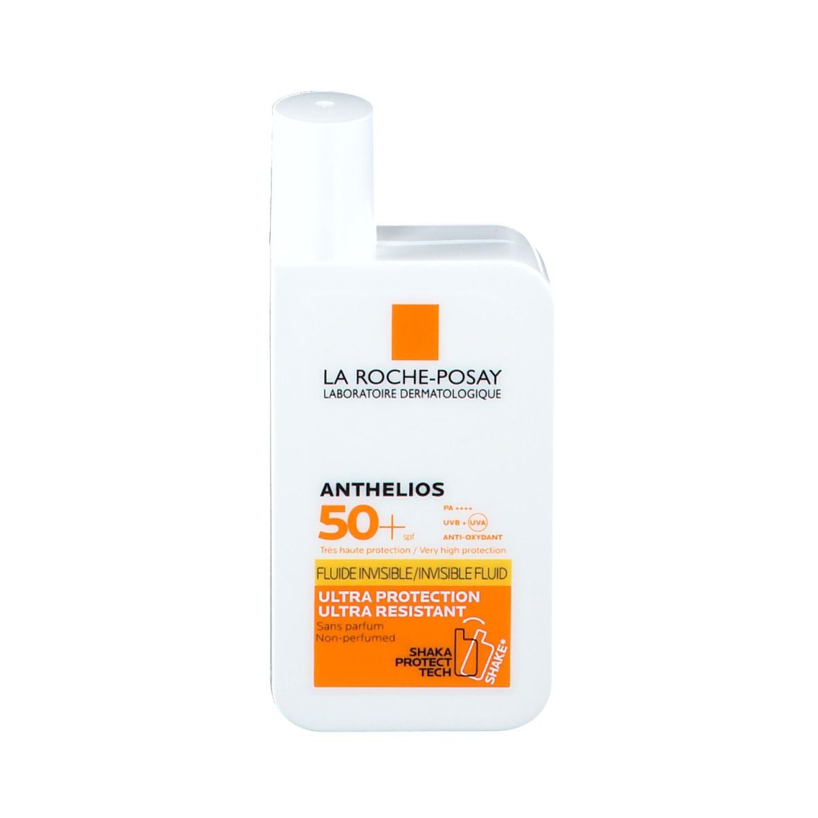 Weißes Fläschchen mit orangefarbenen Akzenten. Aufschrift: ANTHELIOS 50+. Fluide Invisible. Ultra-Resistent. Ohne Parfüm.