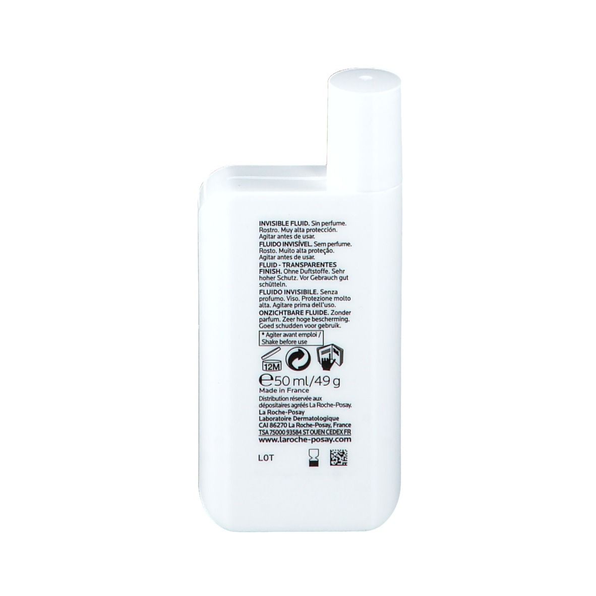 Rückseite des weißen Fläschchens. Text in mehreren Sprachen. Aufschrift: Fluide Invisible. E50ml/49g. Hergestellt in Frankreich.