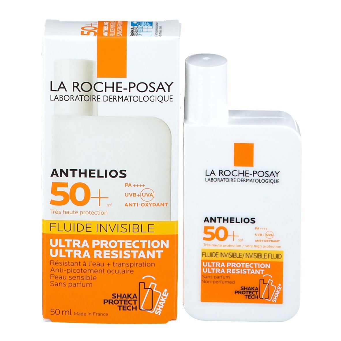 Produkt und Verpackung. Weißes Fläschchen und Karton mit orangefarbenen Akzenten. Aufschrift: ANTHELIOS 50+. Fluide Invisible.