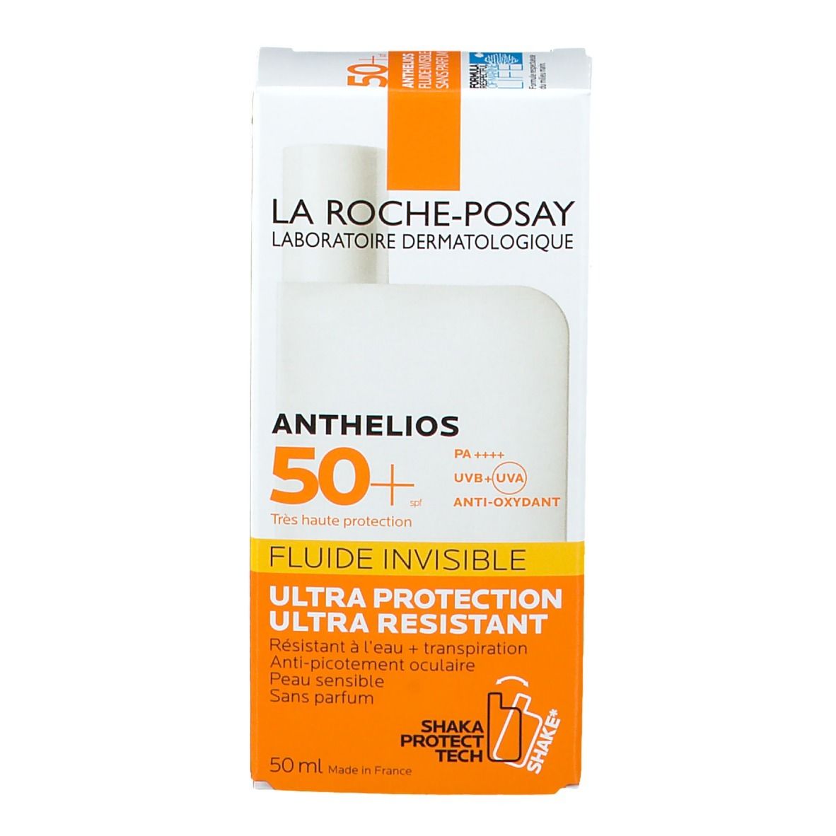 Karton mit weißem Fläschchen. Aufschrift: ANTHELIOS 50+. Fluide Invisible. Ultra-Resistent. 50 ml. Hergestellt in Frankreich.