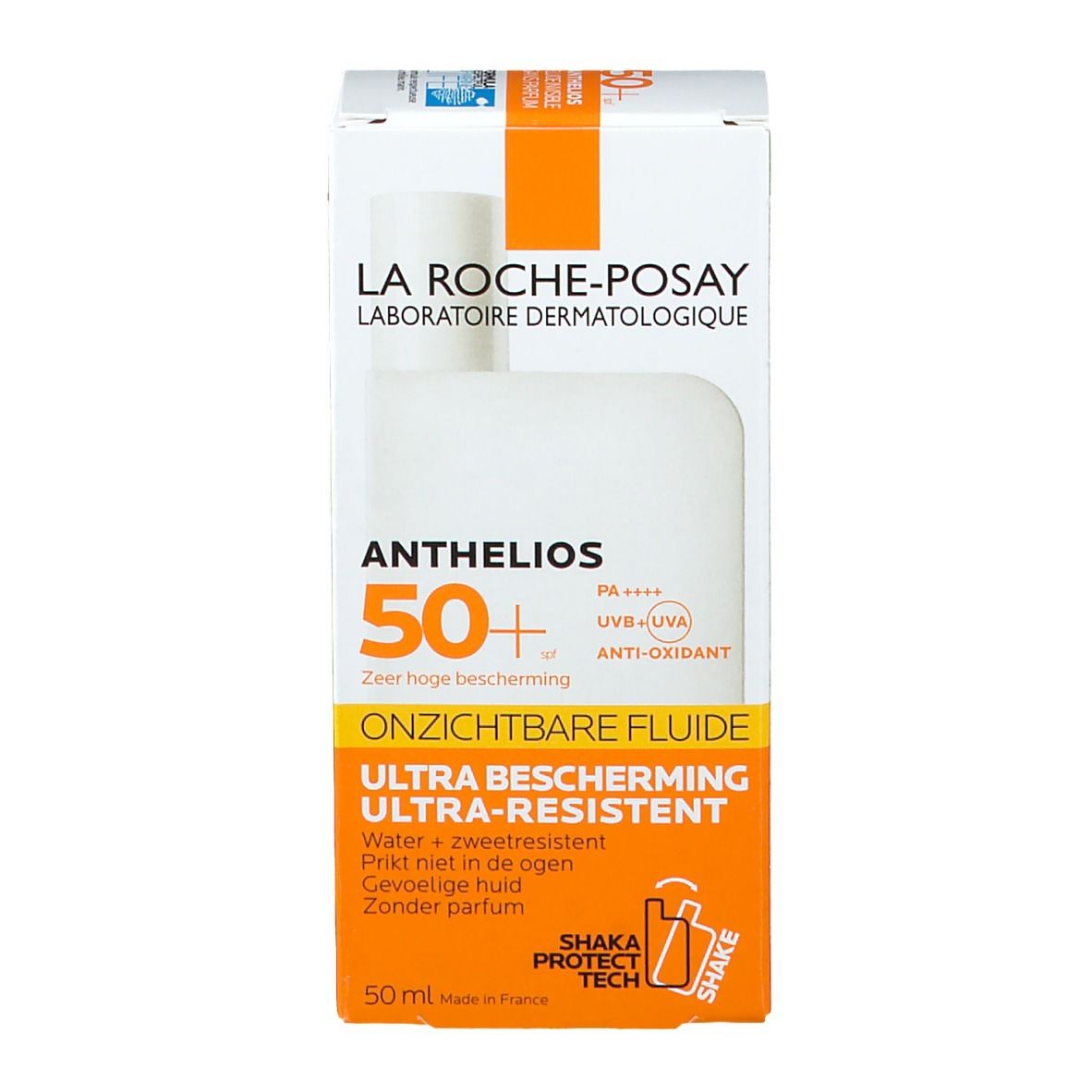 Karton mit weißem Fläschchen. Aufschrift: ANTHELIOS 50+. Onzichtbare Fluide. Ultra-Resistent. 50 ml. Hergestellt in Frankreich.