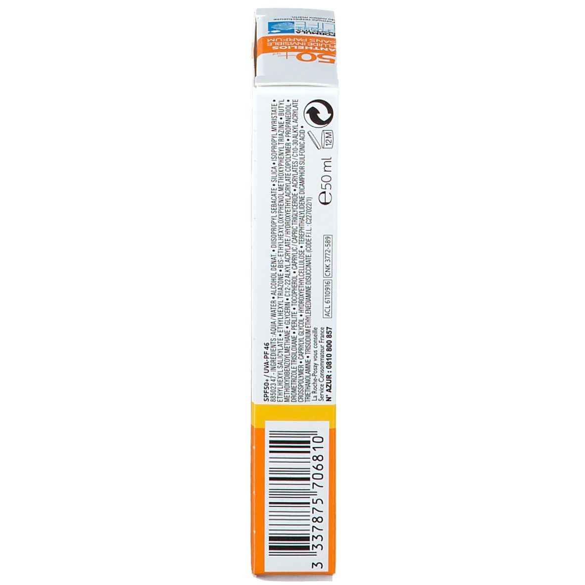 Schmale Verpackung. Aufschrift: ANTHELIOS 50+. Inhaltsstoffe, Chargennummer, E50ml. Barcode.