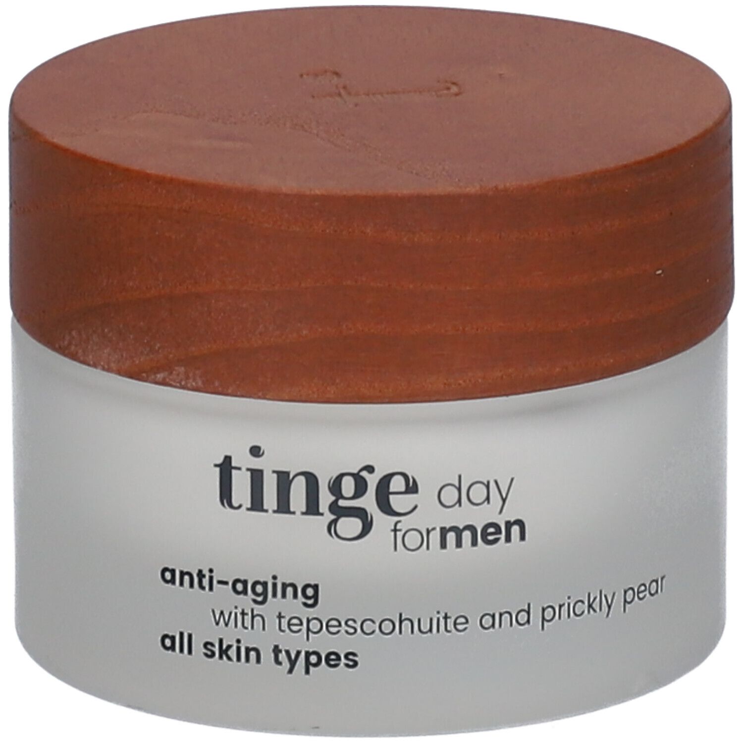 Tinge Day for Men Tagescreme, Glasbehälter mit Holzdeckel.
